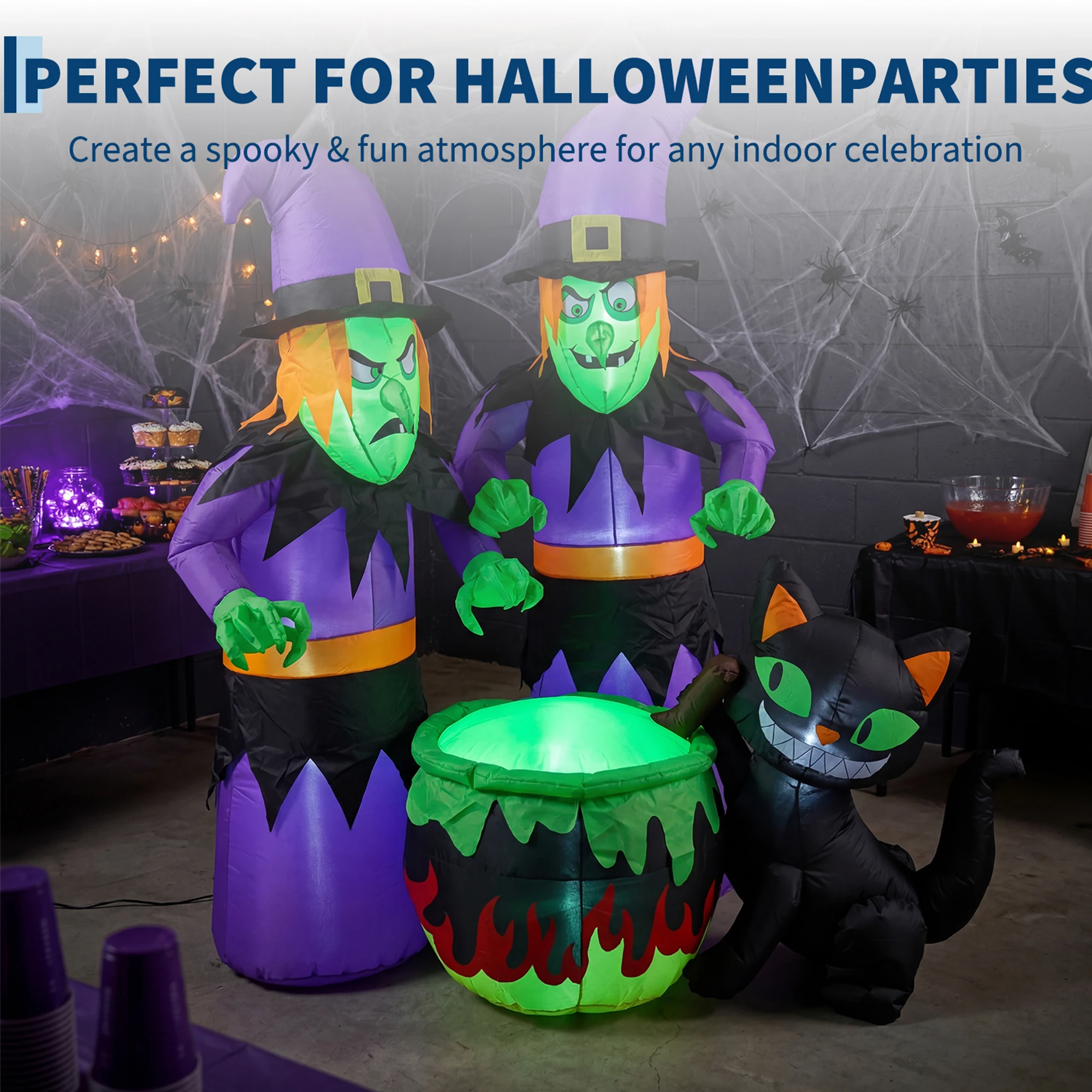 Halloween Inflatable Witch Magic Cauldron Black Cat LED Lights Outdoor Inflatable Halloween Decoration 6 ft Yard Decor