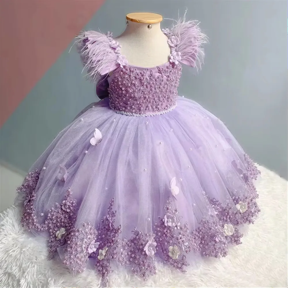 

Cute Flower Girl Dress for Wedding Appliques Butterfly Feather Pearls with Bow Princess Birthday Party First Communion Ball Gown