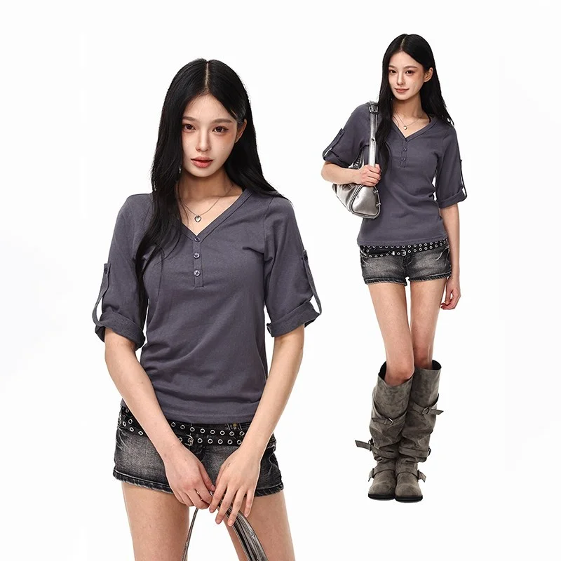 Slim Fit American Style V-Neck Half Sleeve T-Shirt Women's Autumn New Design Open Door Design Spicy Girl Polyester Fiber