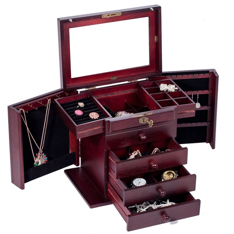 Elegant Multi-Layer Wooden Jewelry Case Organizer Retro Display Casket with Lock Perfect Wedding Gift Box