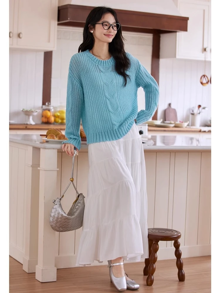 

Пуловеры Vimly, синий тканый полый дизайн, вязаный свитер, женский весенний свободный шерстяной топ с длинными рукавами 2025, 73955