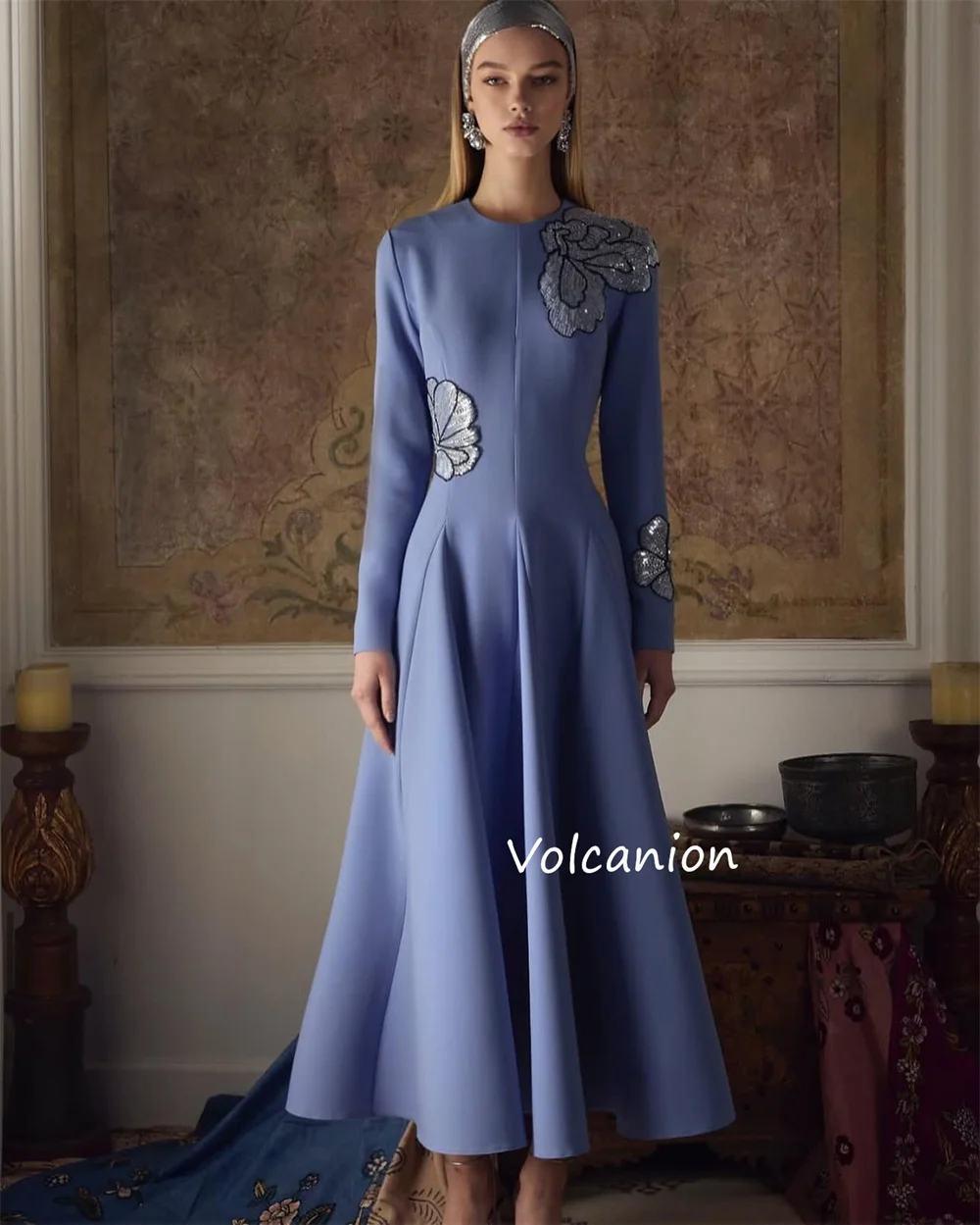 ที่กําหนดเองเจอร์ซีย์ดอกไม้ประดับด้วยเลื่อม O-คอ A-Line Midi ชุด Bespoke โอกาส Homecoming Classic Elegant คุณภาพสูง