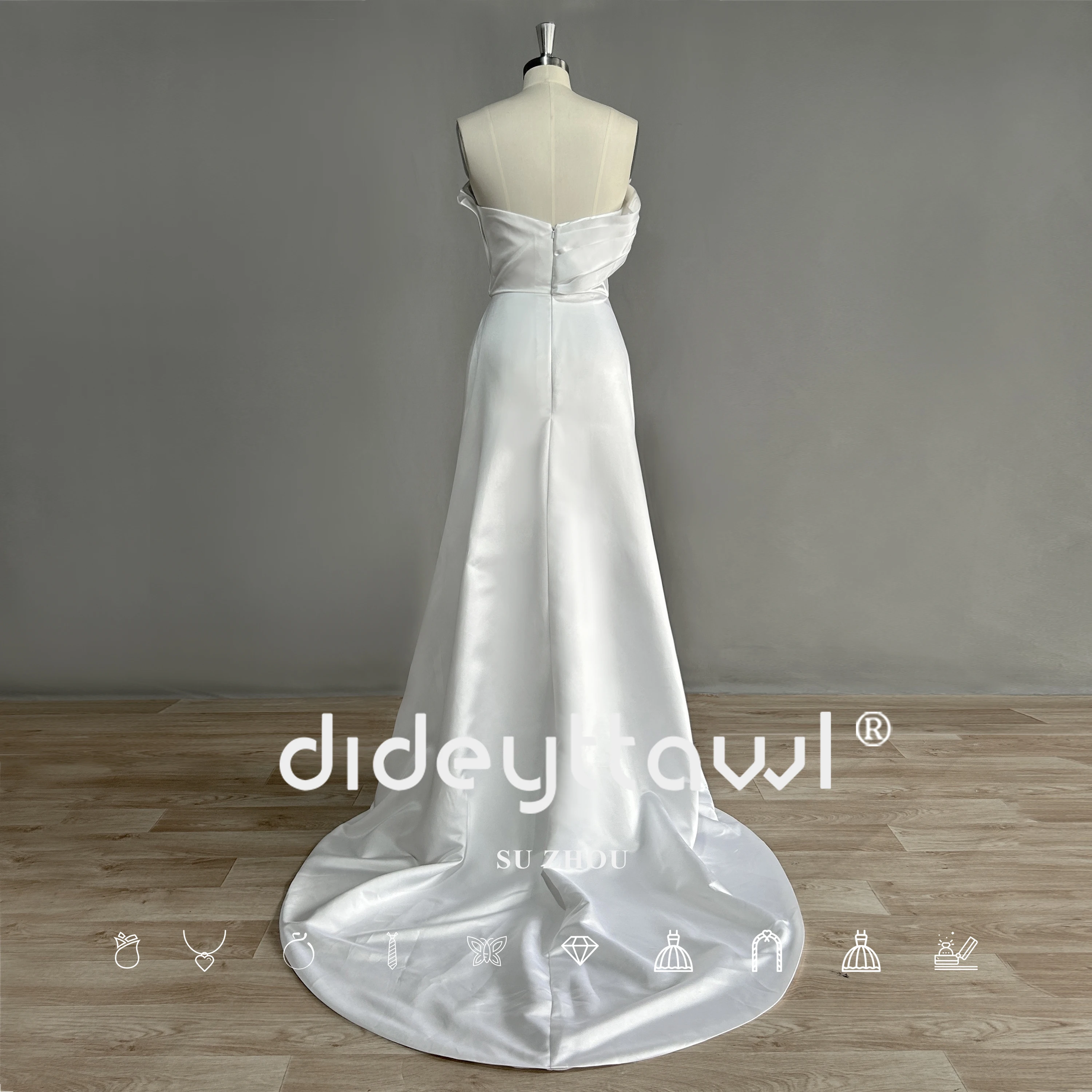 DIDEYTTAWL Scalloped Off The Shoulder Satin Wedding Dress 2023 Pleated A Line Sweep Train Backless Simple Bridal Gown