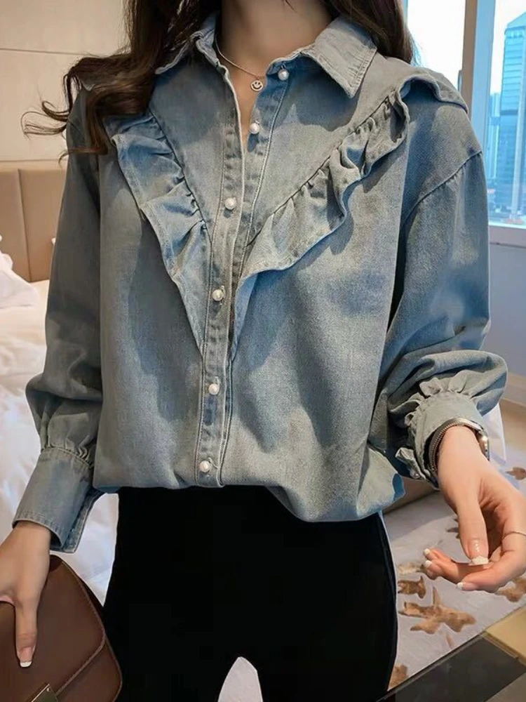 Korean Fashion Ruffle Denim Blouse Women Elegant Lapel Design Oversize Jean Shirts Spring Autumn Single-Breasted Cowboy Tops