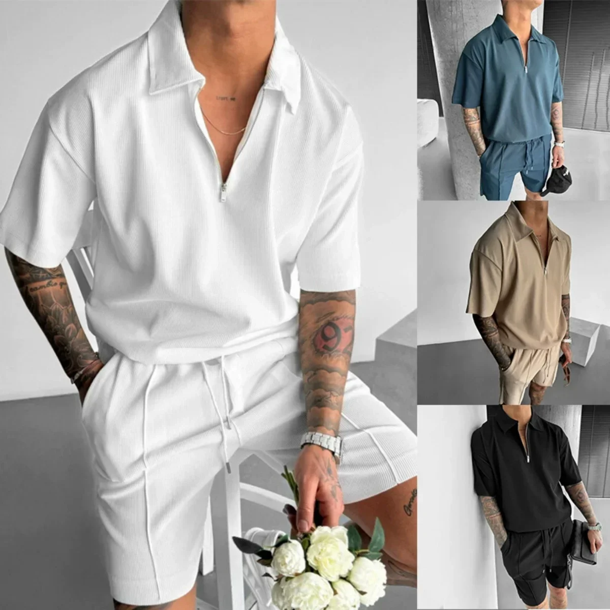 

2025 new summer men's sets half zipper polo shirt + shorts 2PCS set casual Lapel short sleeve drawstring shorts solid men's suit