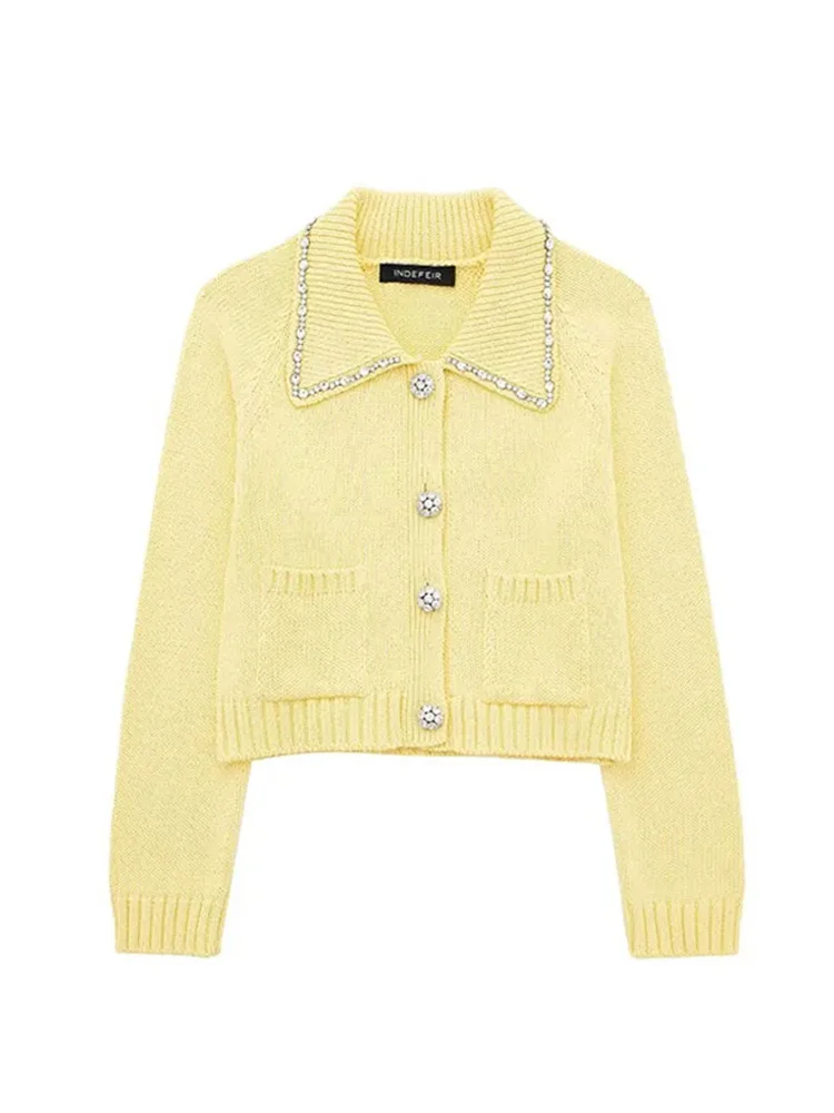 

HH TRAF Woman Elegant Knitted Cropped Cardigan Fashion Trendy Yellow Turn-Down Collar Long Sleeves Rhinestones Decoration Tops