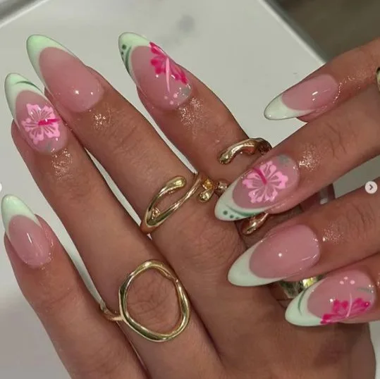 

Summer fresh mint green sweet cool girlish pink flower manicure water drop wearing nail removable 24 pieces