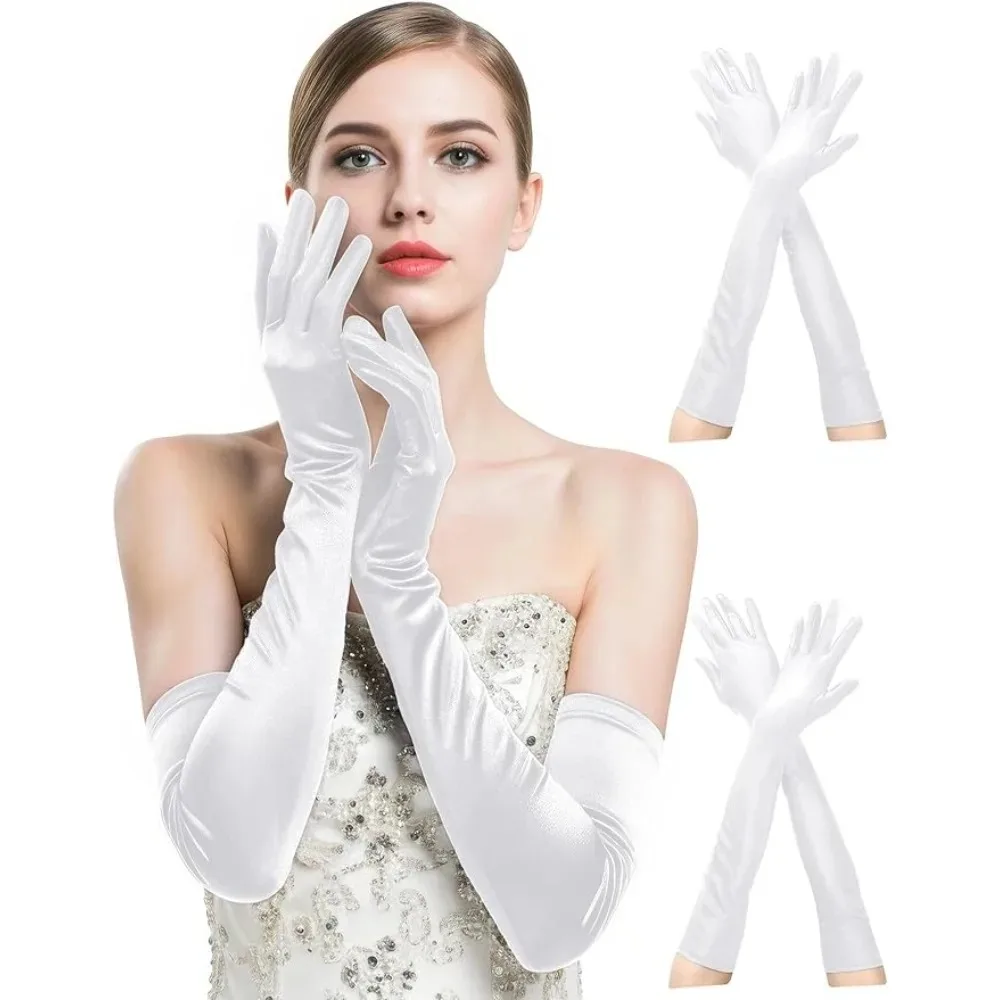 Long Satin Opera Gloves, White Elbow Length Finger Gloves,Sun Protection Gloves for Wedding Bridal Evening Party Costume Cosplay