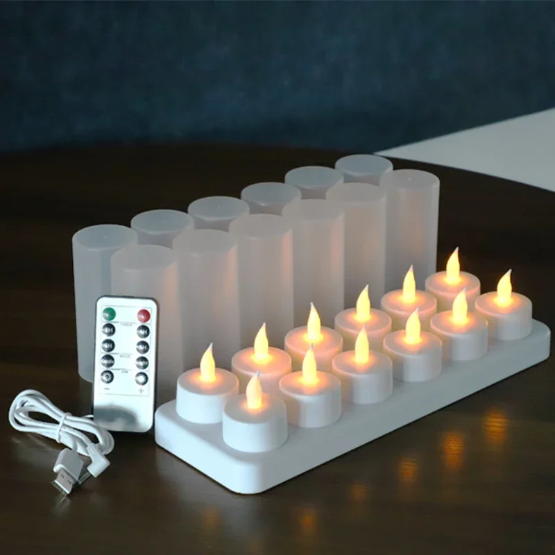 

USB-набор с дистанционным управлением из 12 мерцающих беспламенных перезаряжаемых светодиодных свечей-чайных светильников для дома, ресторана, свадьбы, рождественского декора