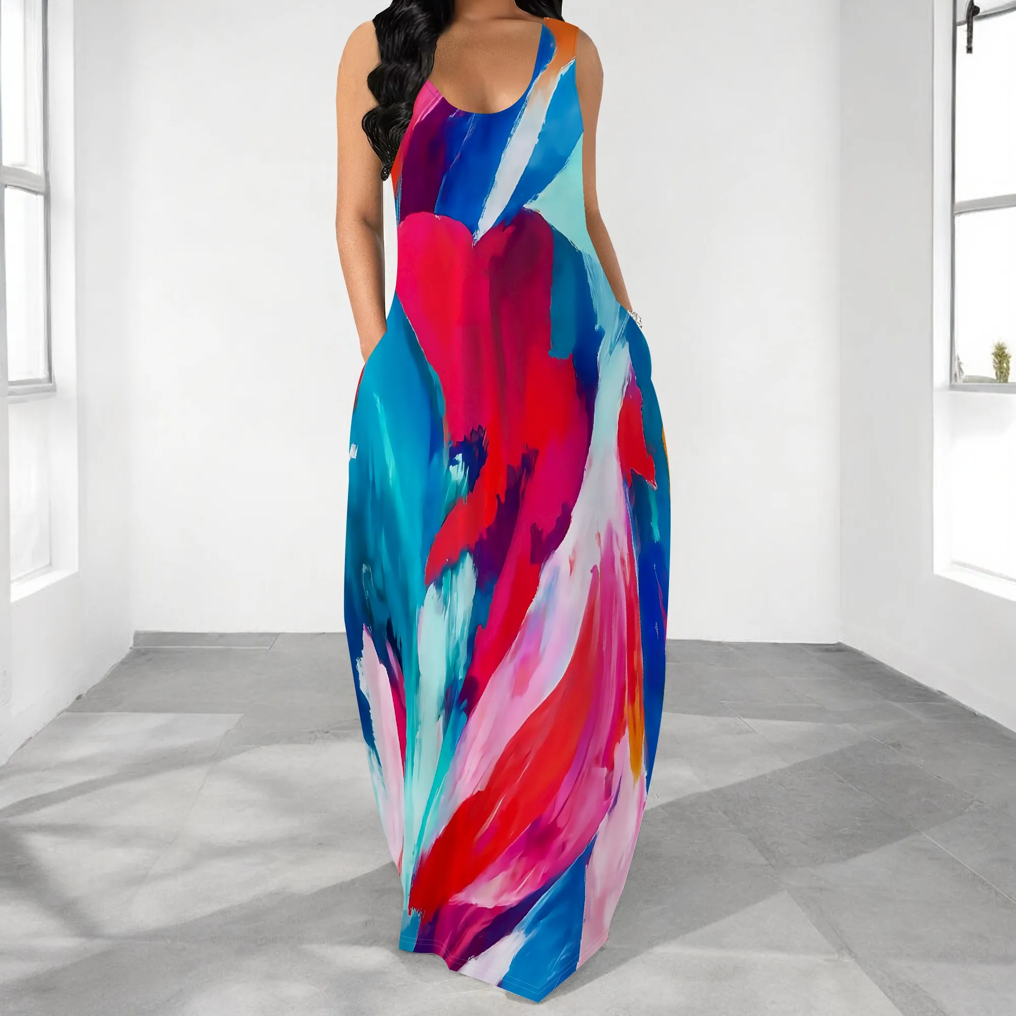 

Vibrant Women's Sleeveless Maxi Dress with Abstract Watercolor Print – Bold & Colorful for Summer, Sizes S-3XL