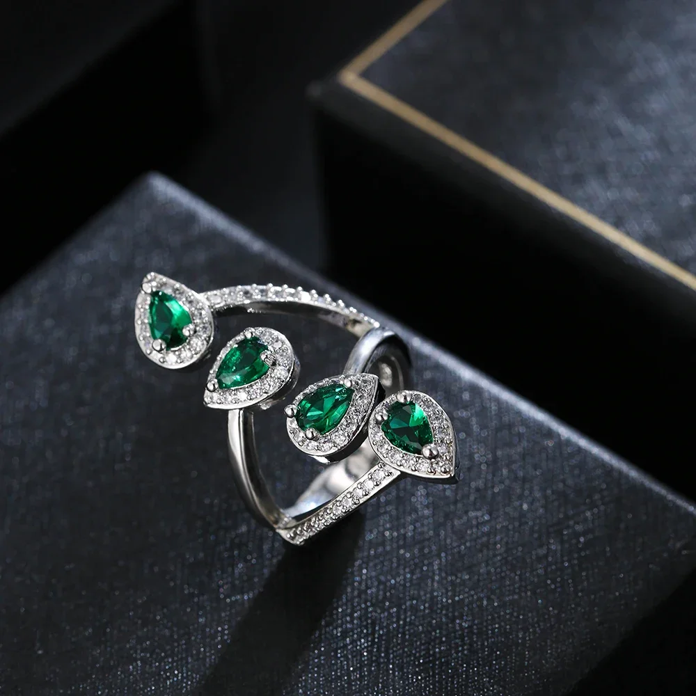 Luxury Brand New Japan and South Korea Fashion Teardrop Zircon Open Rings for Women Green Leaf Leisure Party Trendy Jewelry