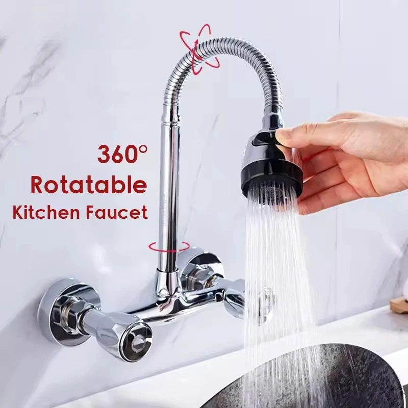 

360 ° Вращающиеся кухонные смесители, настенный смеситель для раковины, смеситель для умывальника с двойной ручкой, смеситель для горячей и холодной воды, насадка для душа, краны