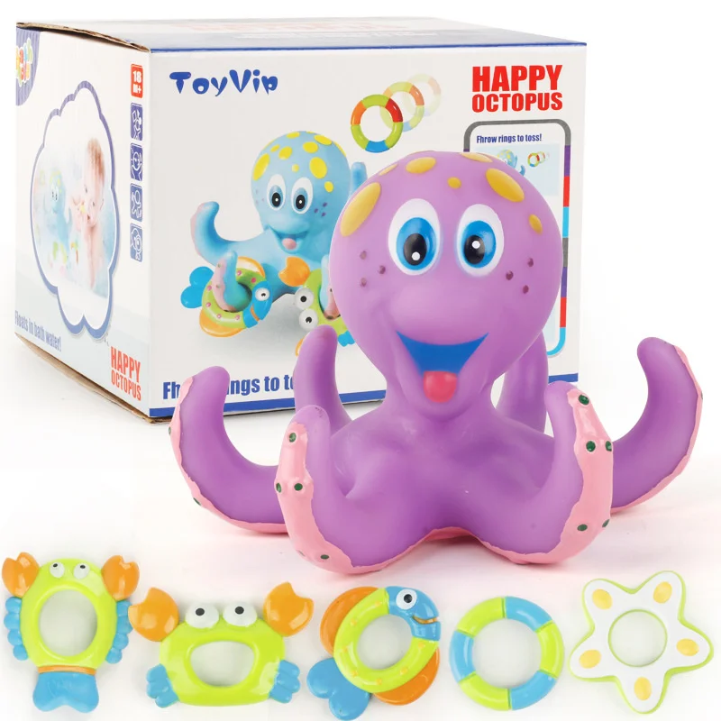 Polvo roxo flutuante com 5 anéis de hoopla brinquedo interativo de banho