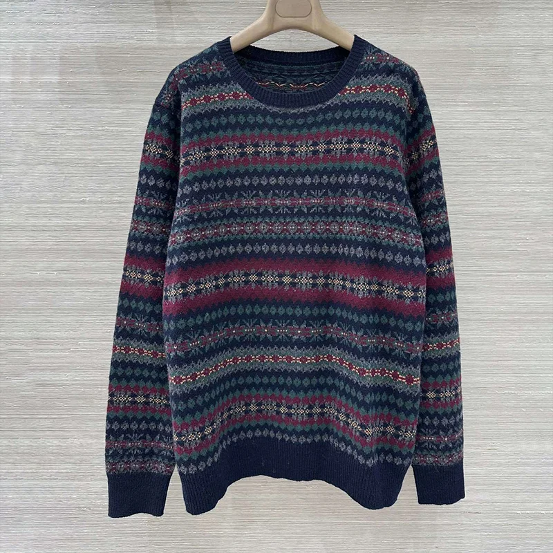 

High-quality geometric pattern women's round-neck pullover wool blend sweater with a retro style 251020104