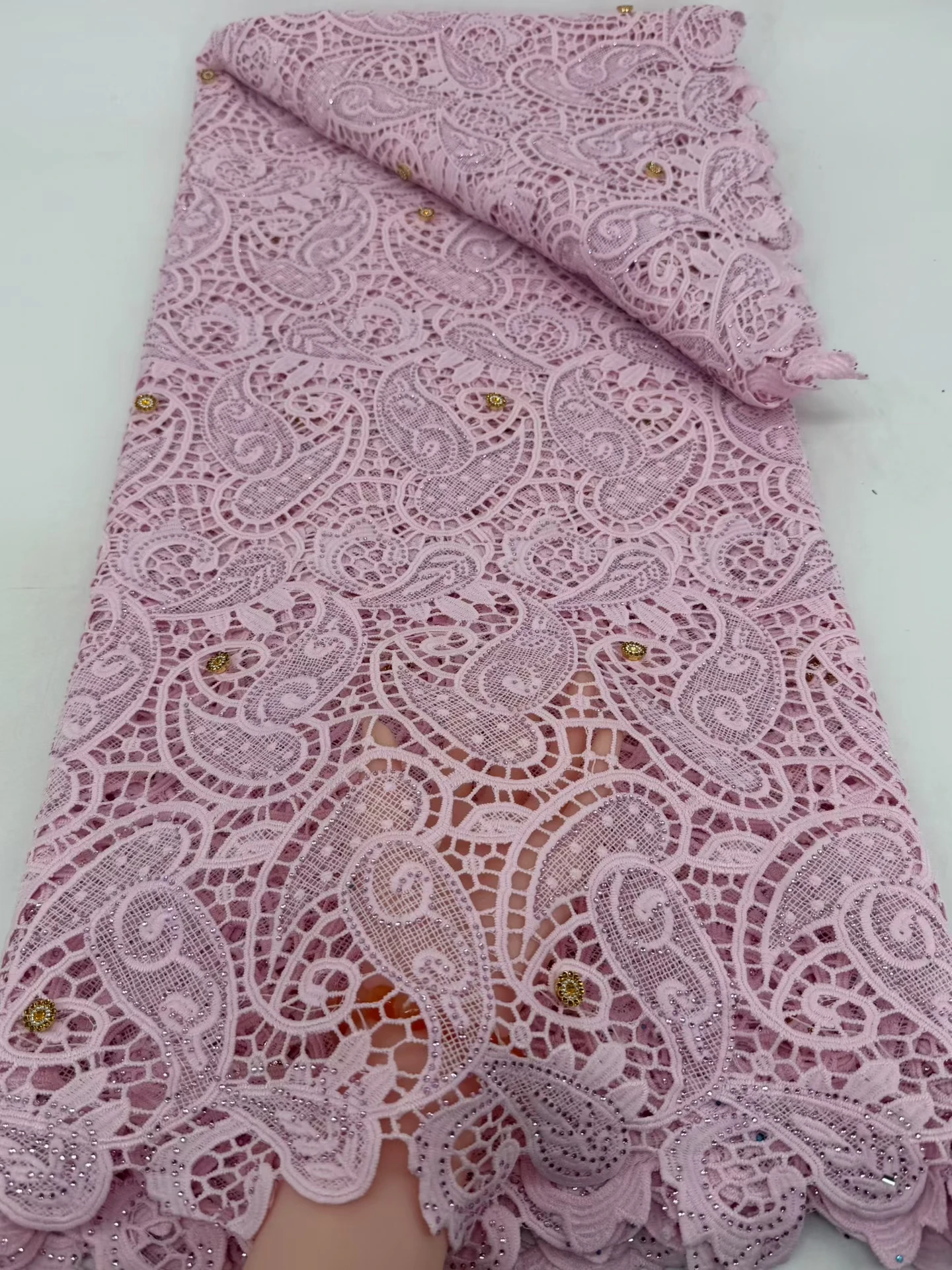 

Pink African Guipure Cord Lace Fabric With Rhinestone 2026 High Quality Water Soluble Lace Nigerian Party Dress Sewings H205-1