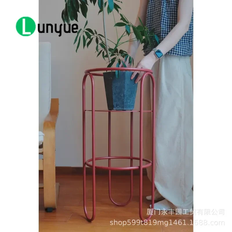Retro Red Metal Flower Stand Movable Minimalist Iron Art Plant Pot Holder for Balcony Living Room Modern Home Interior Decor