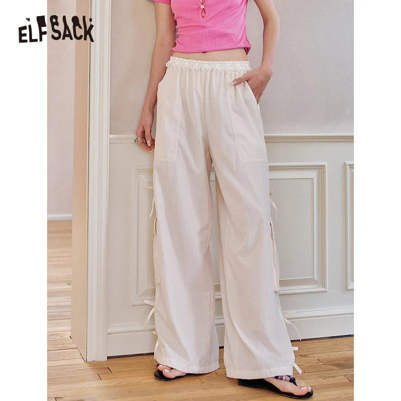 

ELFSACK 2025 Summer New Arrivals Side Strap Bow High Waist Wide Leg Casual Pants For Women