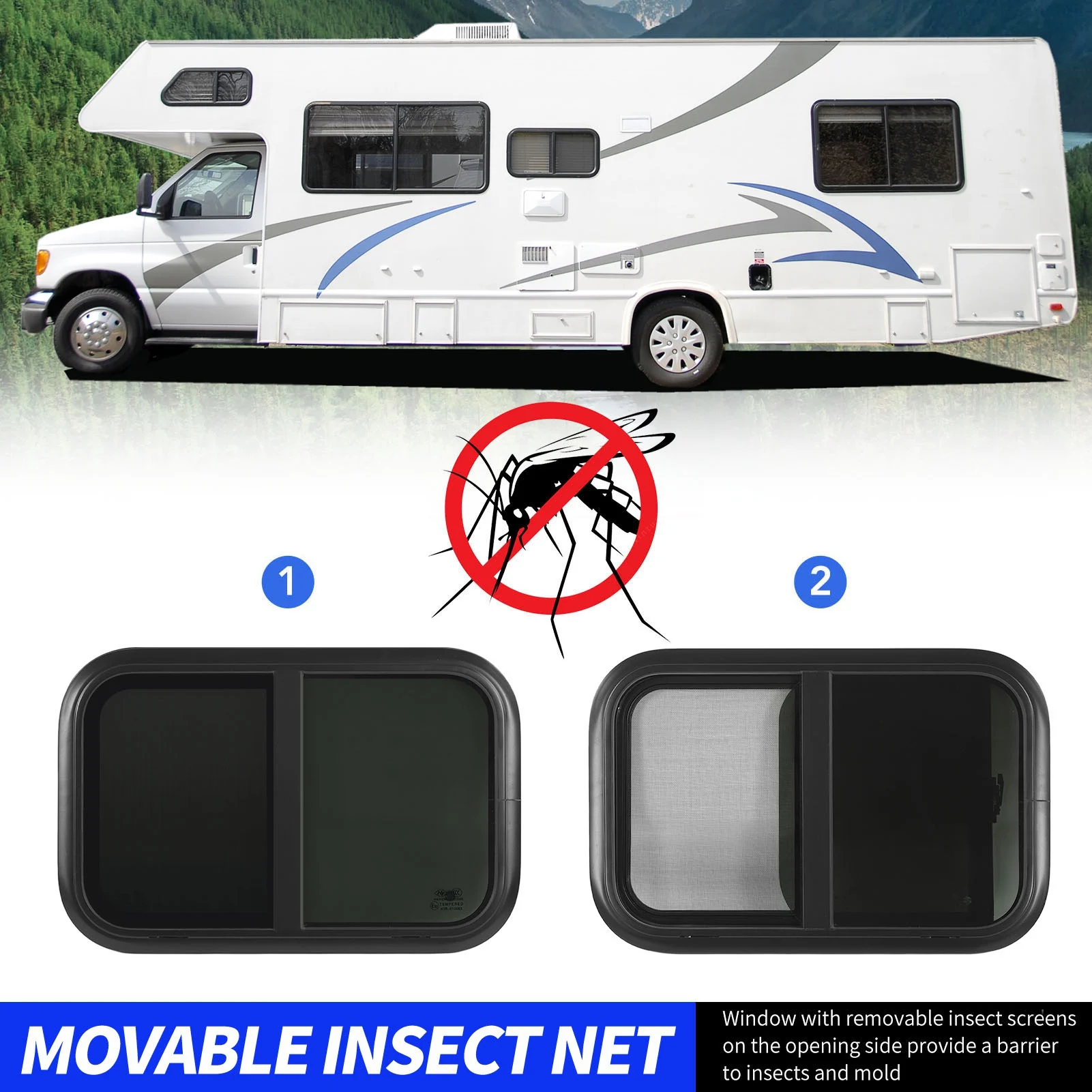 

Horizontal Sliding RV Window 23.6 X 11.8in Uv Resistant Tempered Glass Window with Removable Insect Nets Black Window