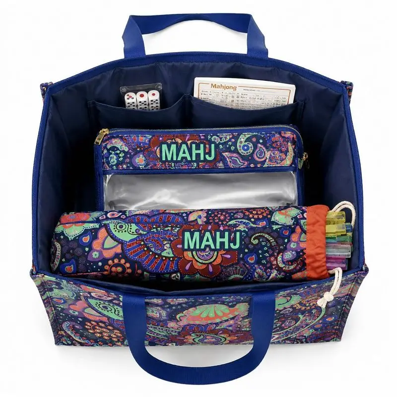 Mahjong storage bag, large-capacity mahjong bag three-piece set, Bohemian portable shoulder makeup bag
