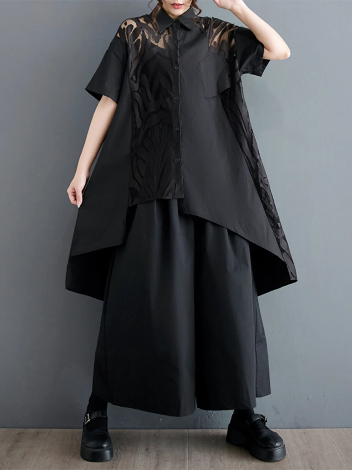 

High-End k Lace Splice Loose Women's irt Casual Faion Asymmetrical Design Commute Sle ort Sve Collar