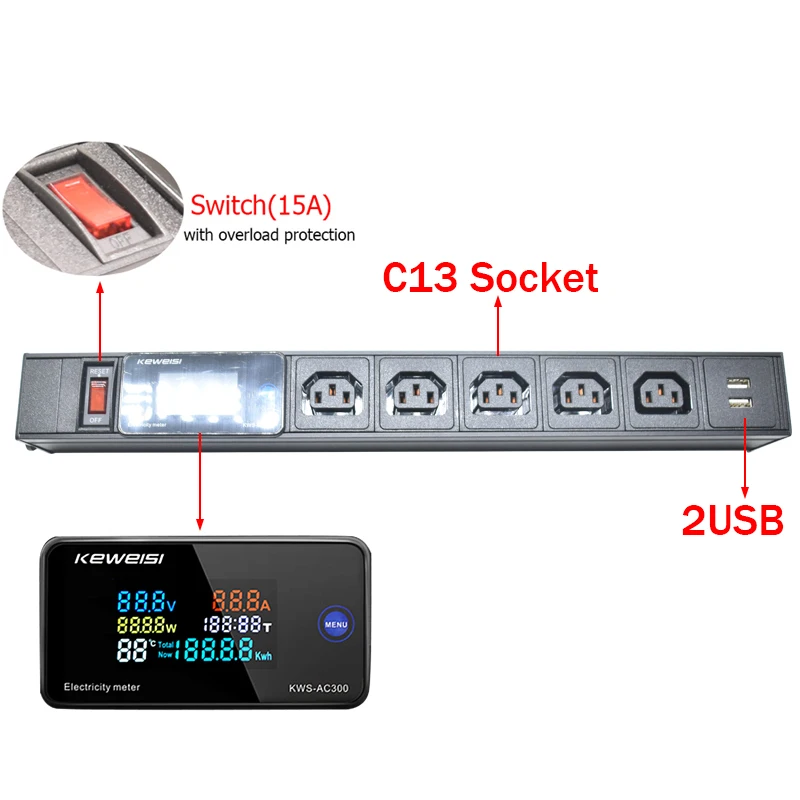 Power Strip Digital Volt Watt Kwh temperature Test Table 2/3/4/5/6/7/8/9Ways C13 Socket Outlets 2USB with Switch C14 interface