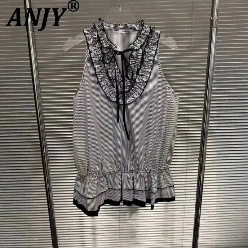 

ANJY Summer New Women Fashion Design Fungus Striped Halter Collar Sleeveless Tank Top Casual Lace-Up Waist Cinching Vest A24260