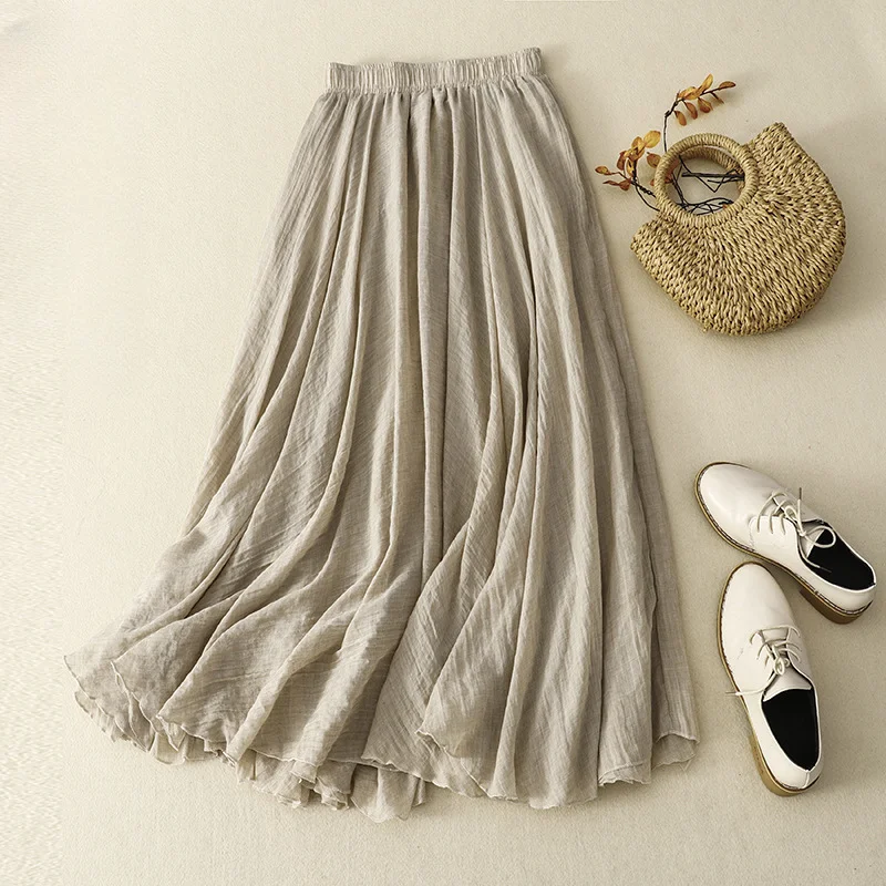 Slim Cotton Leaf Edge Double Layer Half Skirt Loose Waist A- shaped Big Swing Skirt Women Casual Style Long skirt