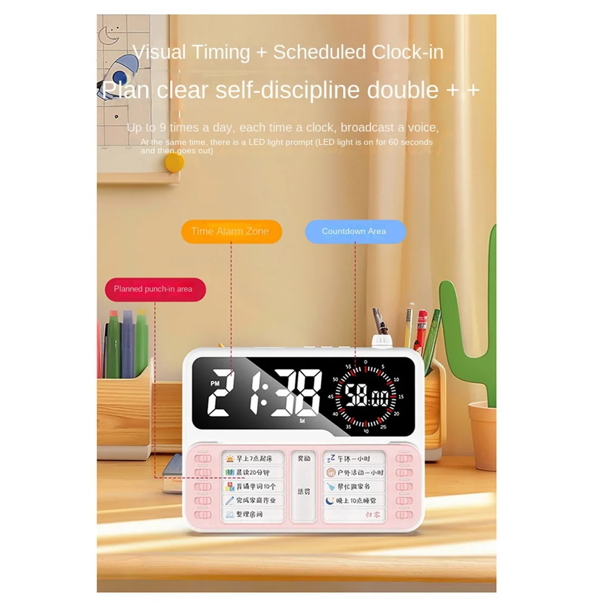 A741I Visual Timer for Kid Adult and Toddler Task Timer with Planning Board Countdown Clock for Schedule Time Management Pink
