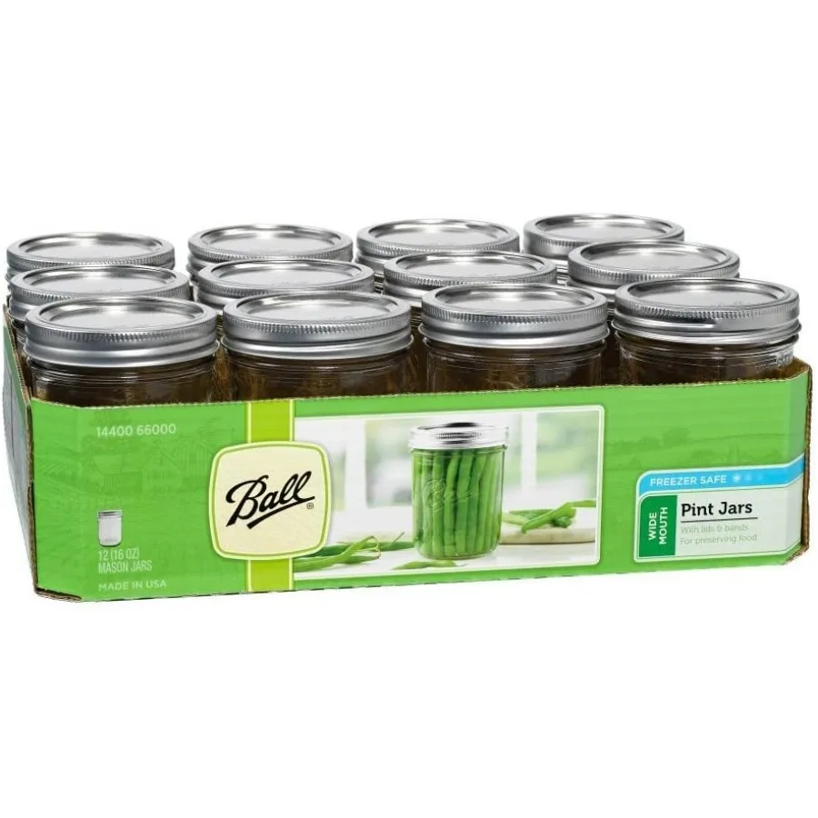 

16Ounce Wide Mouth Glass Mason Jar with Lids and Bands for Food Storage Home Canning Beverage Holding and Kitchen Organization