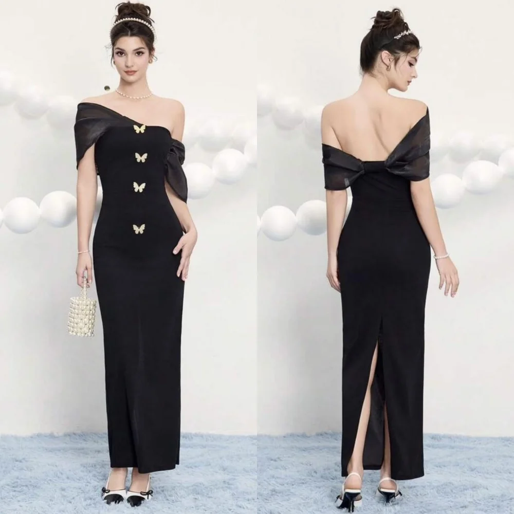 

Customized Matching Elegant Jersey Pleat Ruched Rhinestone Straight Off-the-shoulder Midi Dresses Bespoke Occasion Dresses Retro