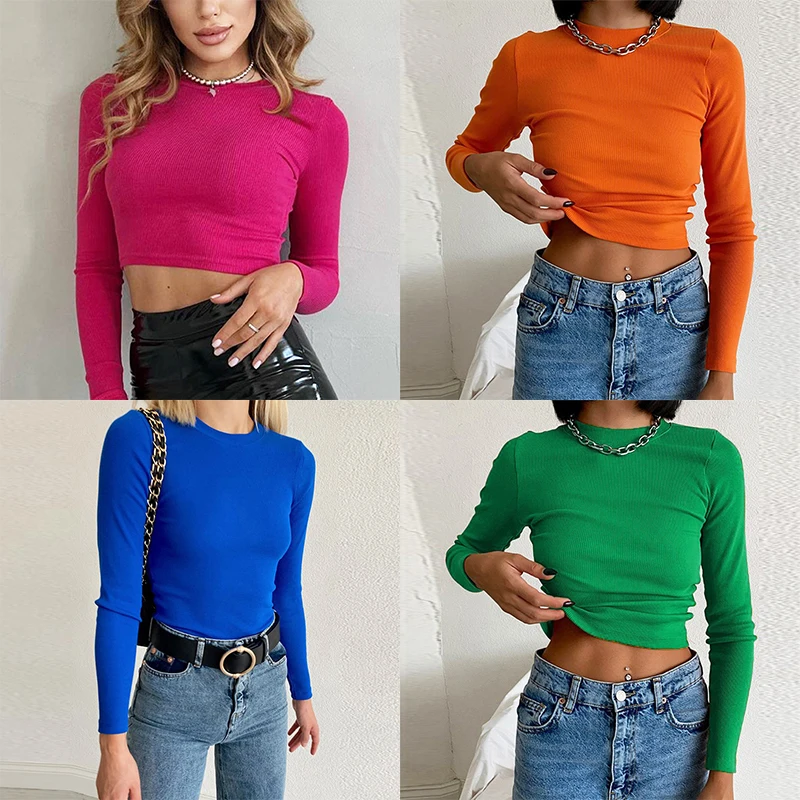 

Rib Round Neck Long Sleeve Solid Color Base T-shirt Women's Bright Spring Autumn Fashion Top Exposed Navel Tight Short Slim Top