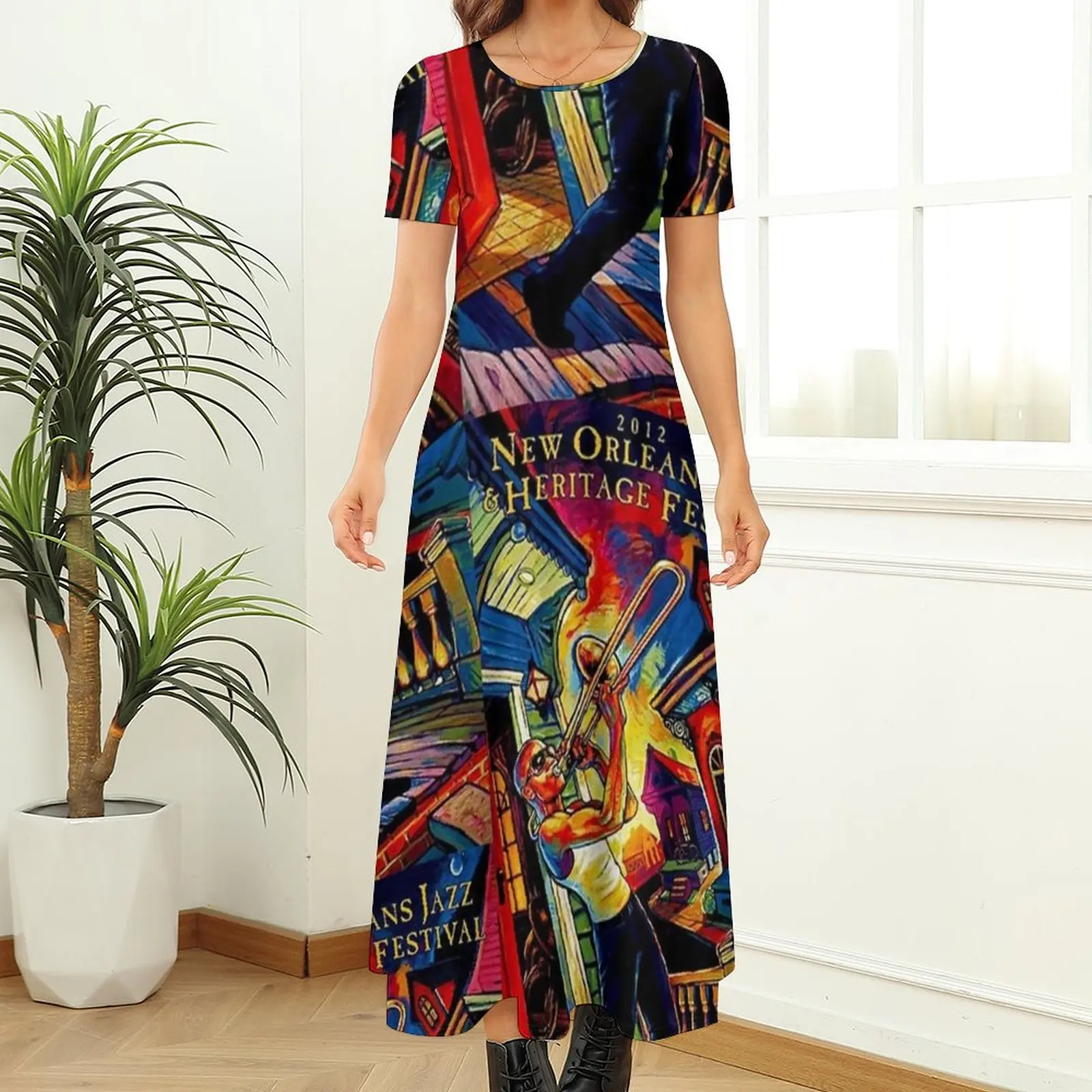 Jazz Festivals Dress New Orleans Jazz Trendy Maxi Dress Streetwear Boho Beach Long Dresses Women Short Sleeve Big Size Clothes