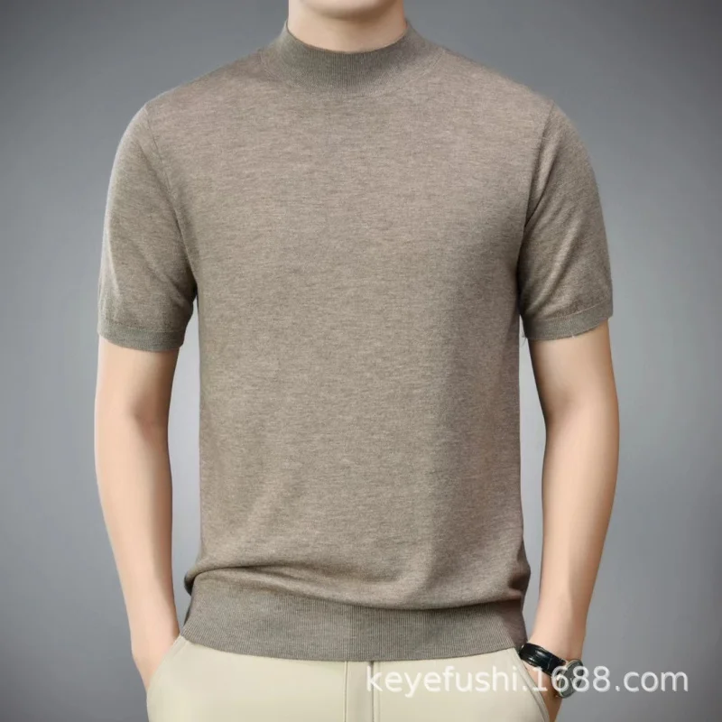 Zero Pressure Men'S Fine Wool Half Turtleneck Half Sleeve Base Knit Pullover Short Sleeve-Shirt Simple Style