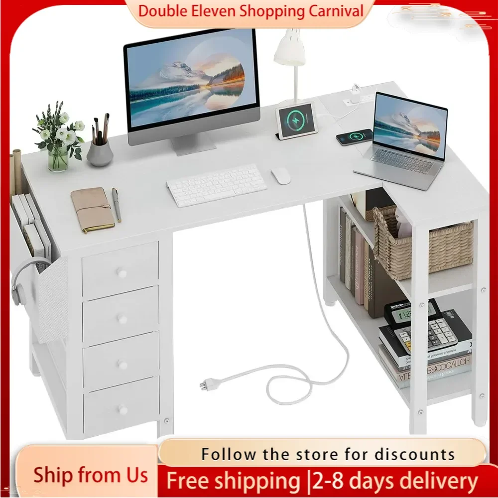 White L Shaped Computer Desk with Drawers & Storage Shelves, 47 Inch Corner Desk with Power Outlet for Home Office Bedroom,