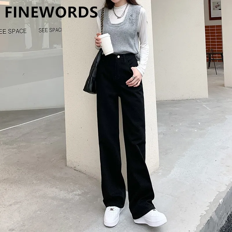 

FINEWORDS Vintage Black High Waist Jeans Korean Casual Loose Wide Leg Jeans Streetwear Full Length Harajuku Straight Jeans