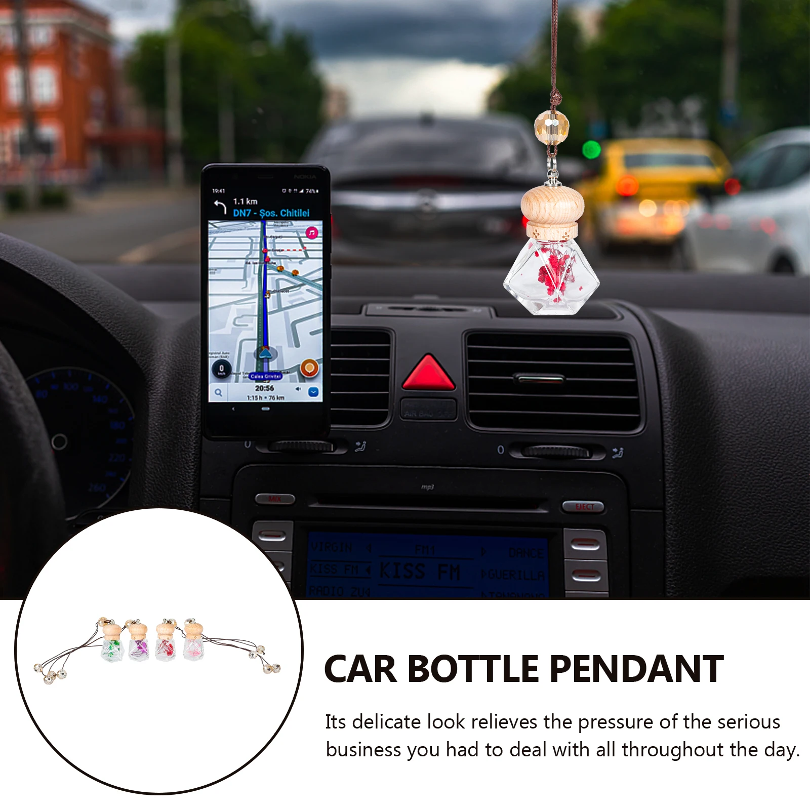 

4pcs Car Aromatherapy Perfume Bottles Empty Glass Pendant Hanging Fragrance Auto Accessories Wooden Materials Premium Quality