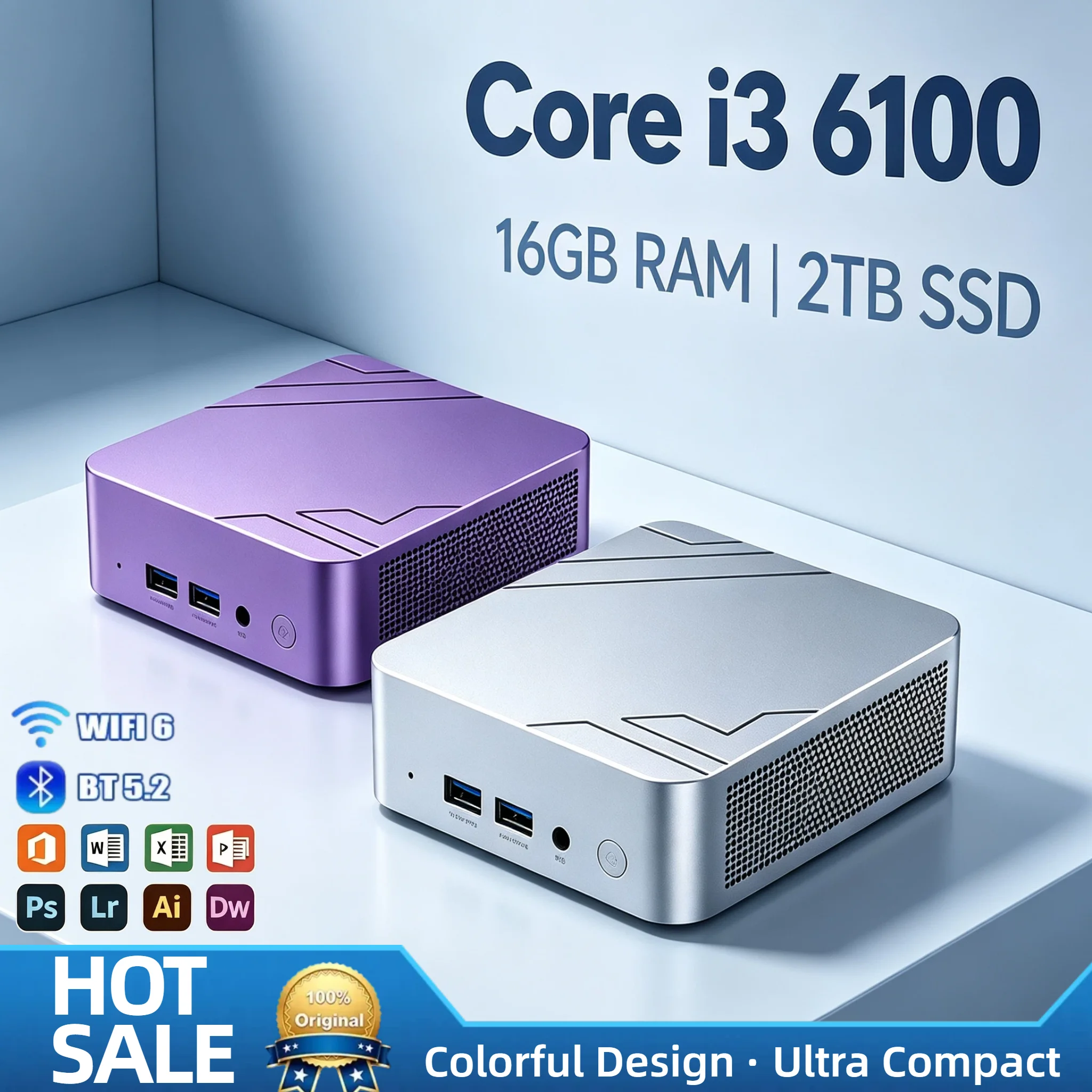 Intel i3-6100 Mini Desktop 16GB DDR4 2TB NVMe SSD Triple 4K Output WiFi6 BT5.2 High Performance Office Home Pro Max