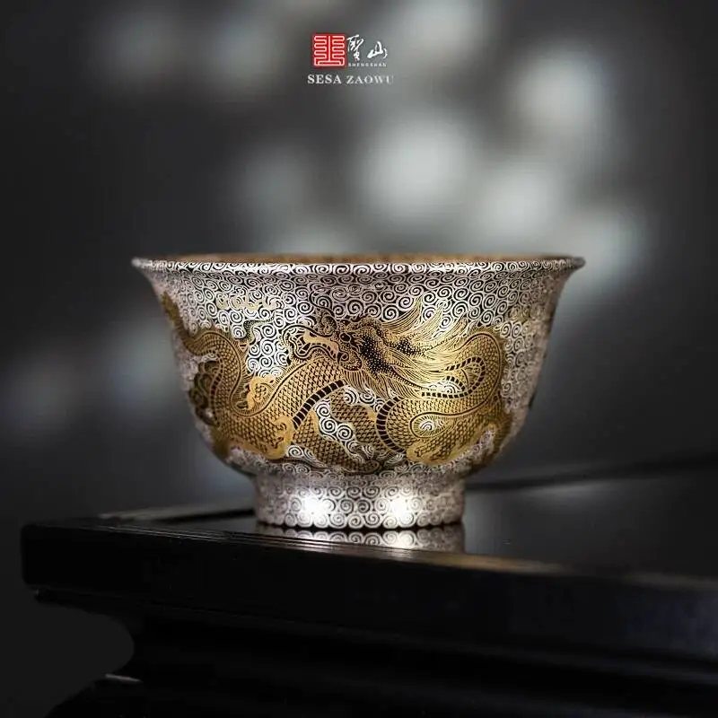 Holy Mountain Classy Pastel Black Glaze Gold And Silver Five Dragon Set Jingdezhen Handmade Master Tea Cup
