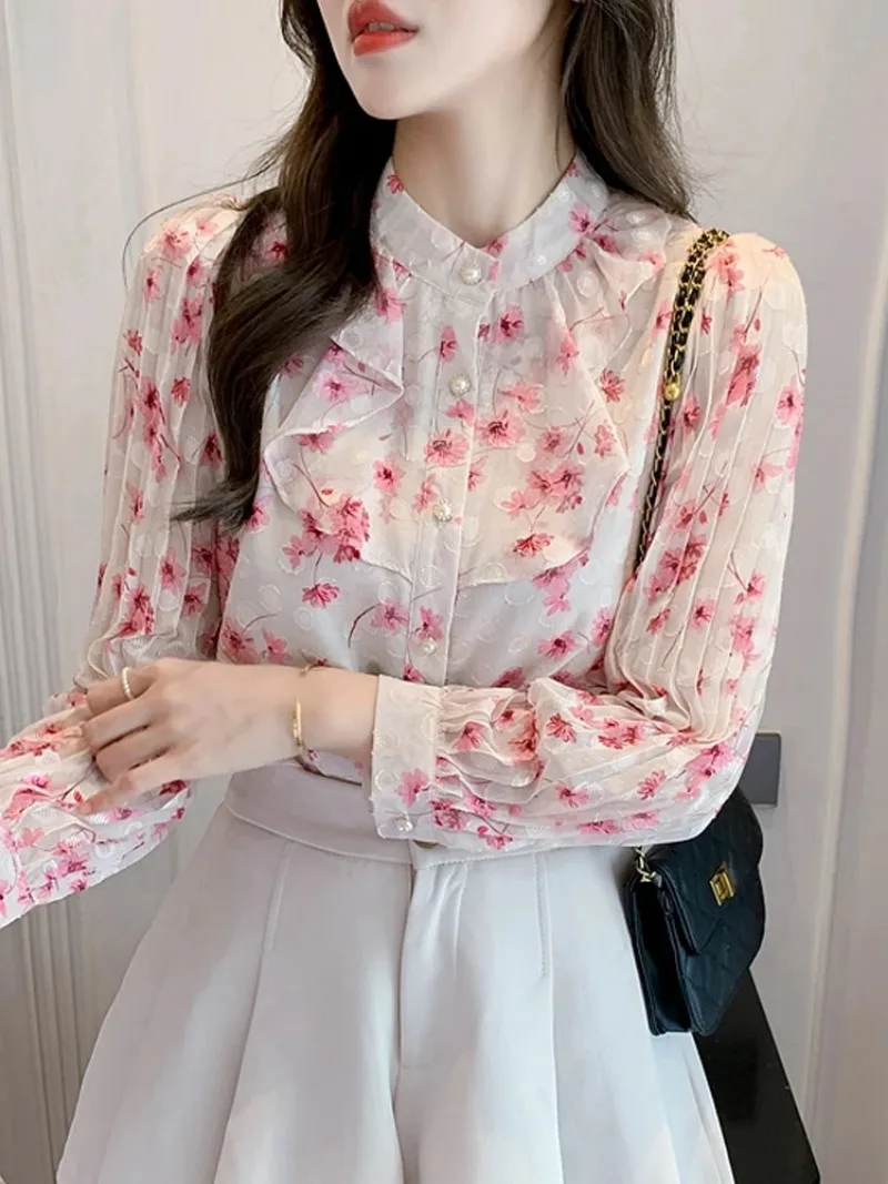 Vrouwen Ruches Print Chiffon Blouse Shirt Lange Mouw Blouse Vrouwen Blusas Mujer De Moda 2024 Blouses Femme Shirts Vrouwen Tops F391