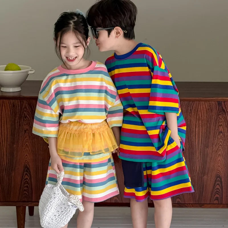 

Children's suit2026Summer Boys' Colorful Striped Short-Sleeve Shorts Two-Piece Set Children's Round-Neck Casual Outfit