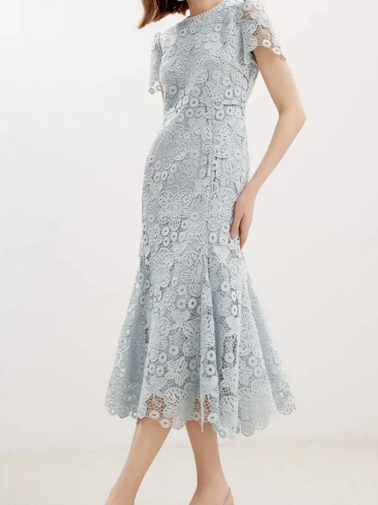 Vestidos elegantes de encaje con agujeros para mujer, Vestidos de sirena de trompeta lisos, cuello redondo, manga corta, flor de ganchillo, Vestidos de fiesta de noche para boda