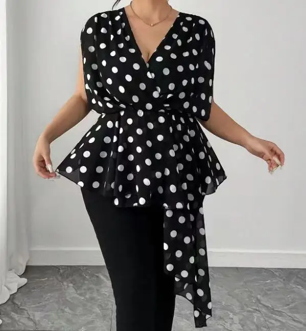Blusa de chifón con lunares para mujer de talla grande, top sin mangas con cuello en V, con volantes, que estiliza y cubre el abdomen, ideal para el verano.