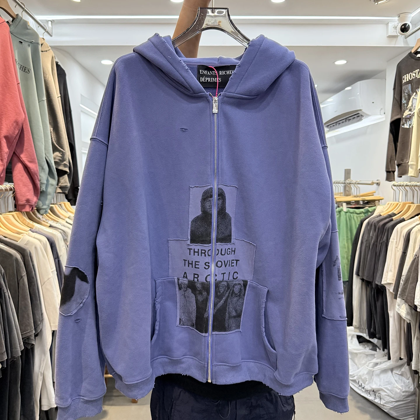 

Retro High Street American Patchwork Print Fce Lined Hoodie ex Loose Fit Zipper Jaet Men's Women's Casual Wear