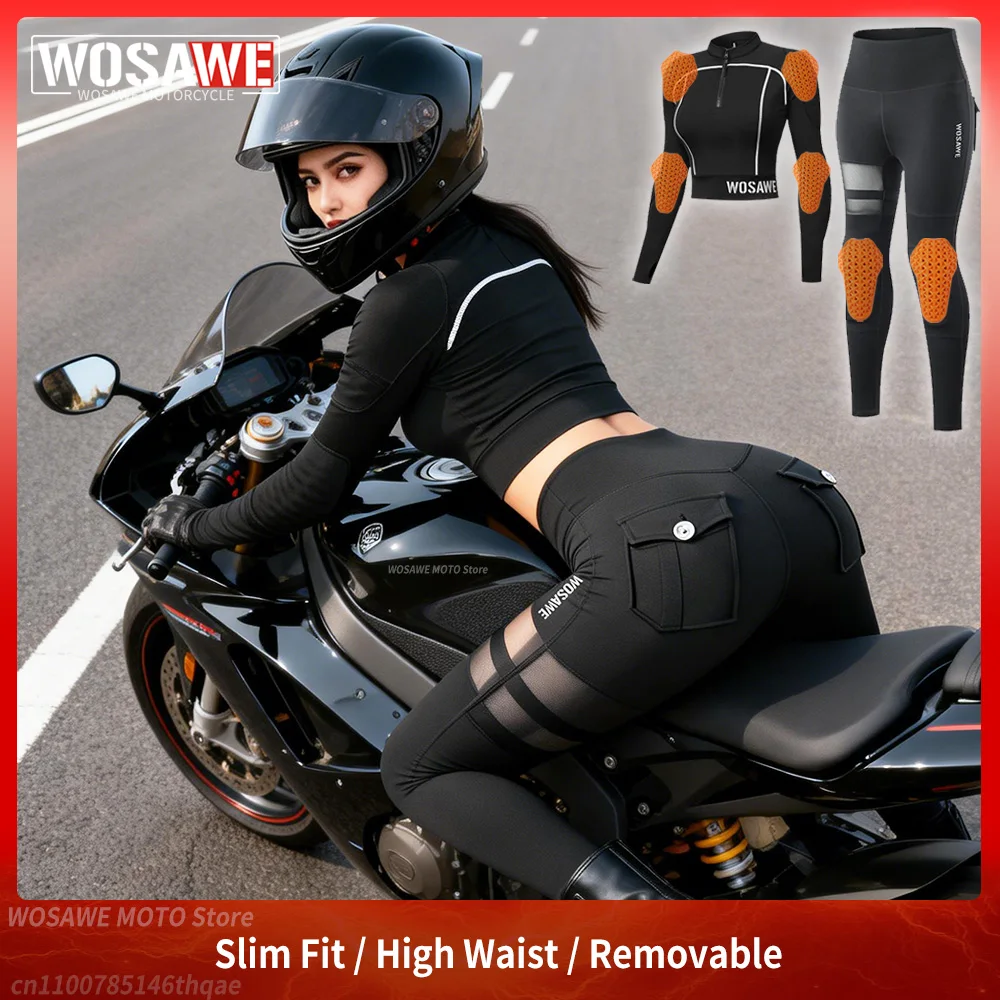 WOSAWE Motorcycle Jacket and High Waist Pants Set Women Sexy Shirts Breathable Mesh Leggings Motocross Riding Clothing w/Padded
