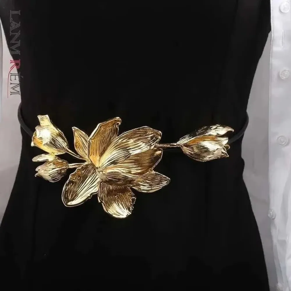 New Retro Gold Flower Belt Black Leather Rope Dress Decoration Body Chain Waist Link Metal Waist Chain Women