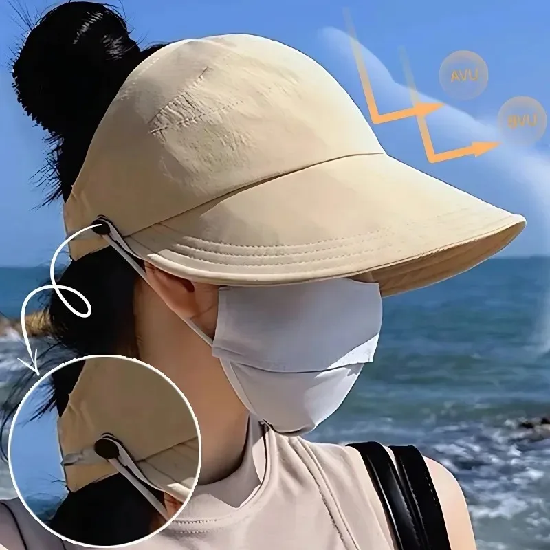 Summer Wide Brim Sunhat Women Sun Hats Foldable Adjustable Outdoor Beach Bucket Hat UV Protection Visors Fisherman Ponytail Caps