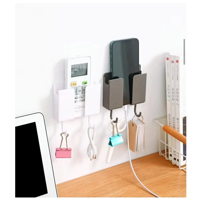 1PC Storage Box Holder Wall Mounted Storage Bracket Remote Organizer Hole Free Mobile Phone Storage Rack With 2 Hooks