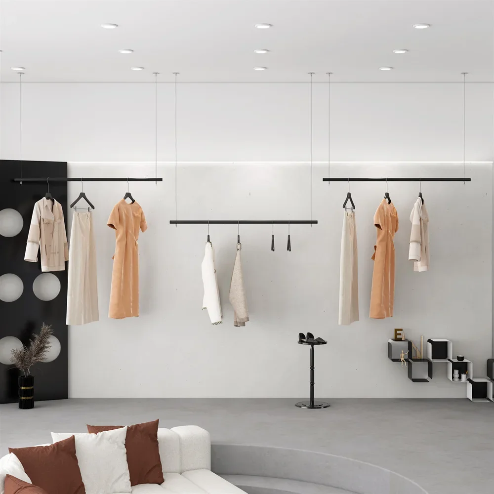 Clothing store display rack stainless steel hanging ceiling shelf men's and women's children's clothing black display