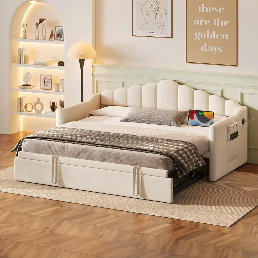 

SOTSEA Twin Daybed with Up Trundle, Exble Twin to King Day Bed with USB Ports, Velvet Tuted Soa Bed e with Curved Backrest or Be