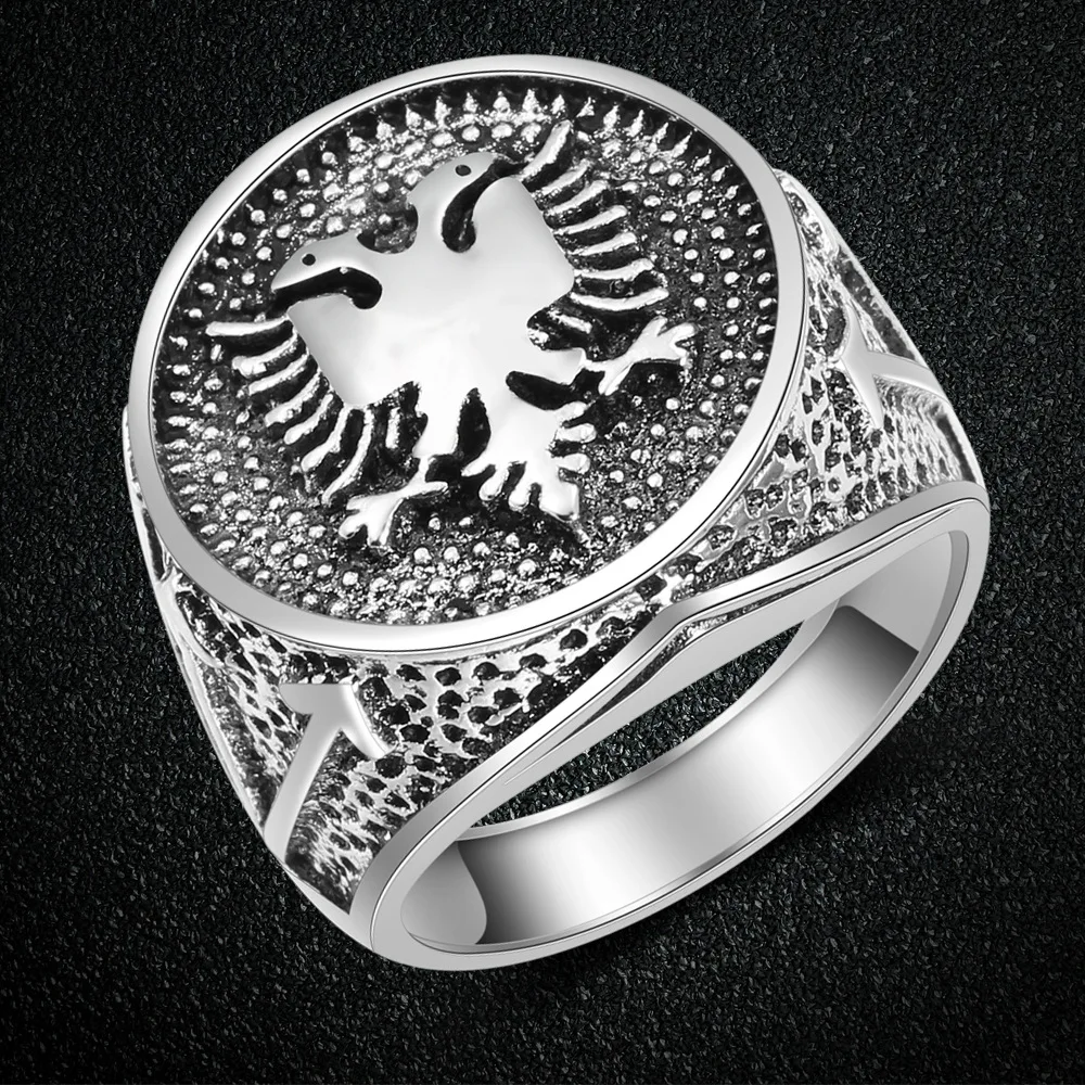 WANGAIYAO Albania Flag Logo Double Headed Eagle Ring Men\'s Antique  Vintage Ring